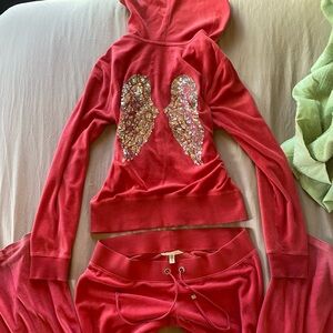 Vintage y2k Velour Victoria’s secret Zip up Hoodie & Pants Set with Sequin Wings
